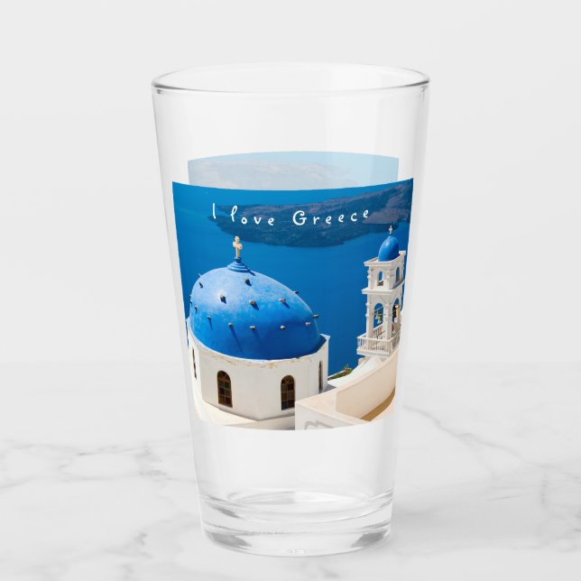 I love Greece Church Santorini blue photo and text Glass (Front)