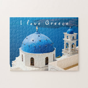 I love Greece Church Santorini blue photo and text Jigsaw Puzzle