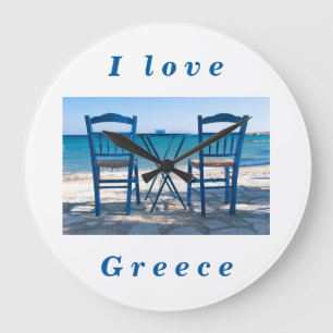I love Greece taverna photo blue and white Large Clock