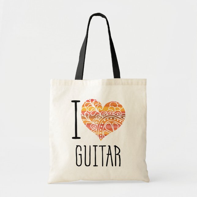 I Love Guitar Orange Mandala Heart Tote Bag (Front)