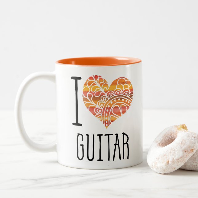 I Love Guitar Orange Mandala Heart Two-Tone Coffee Mug (With Donut)