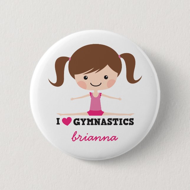 I love gymnastics cartoon girl personalised name 6 cm round badge (Front)