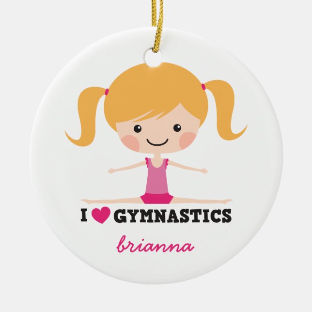 I love gymnastics cartoon girl personalised name ceramic tree decoration (Front)