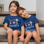 I Love Gymnastics Cute Custom Gymnast T-Shirt<br><div class="desc">I Love Gymnastics. A pretty personalised gymnastics girl gift with adorable teal text in between two tumbling girls and a beautiful pink heart. A cute gymnast present for a kids or women's gymnastic coach. Customise with your child's name in pink writing.</div>
