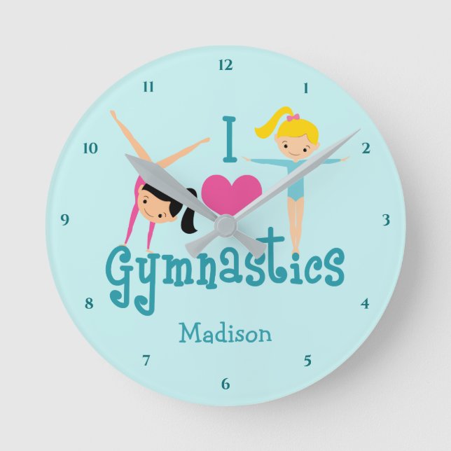 I Love Gymnastics Cute Personalised Teal Gymnast Round Clock (Front)