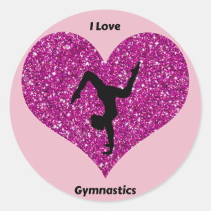 I Love Gymnastics Glitter Heart Round Sticker