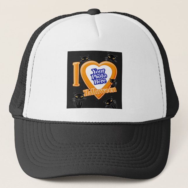 I Love Halloween With Your Photo With Black Cats Trucker Hat (Front)