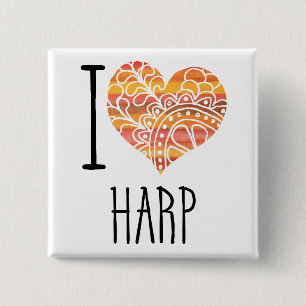 I Love Harp Orange Mandala Heart 15 Cm Square Badge