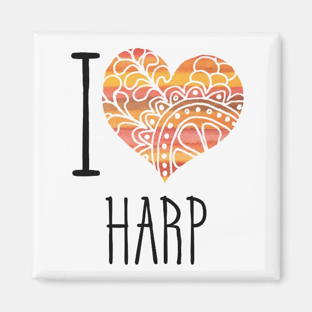 I Love Harp Orange Mandala Heart Magnet (Front)