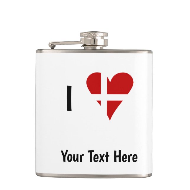 I  Love (Heart Danish Flag) Personalised Text Hip Flask (Front)