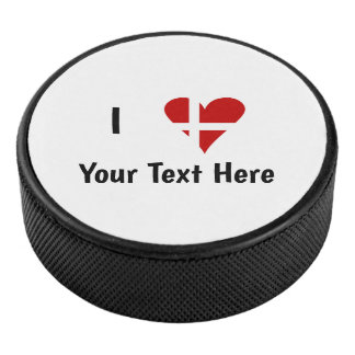 I Love (Heart Danish Flag) Personalised Text Hockey Puck