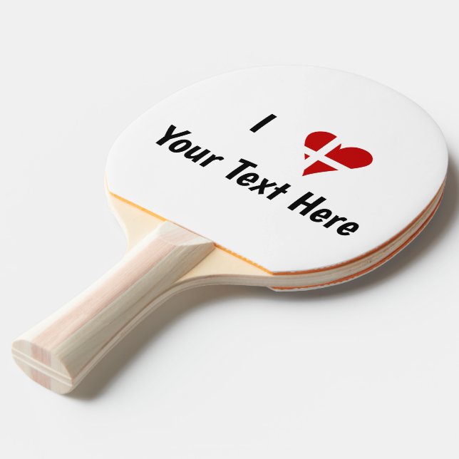 I  Love (Heart Danish Flag) Personalised Text Ping Pong Paddle (Front Angle)
