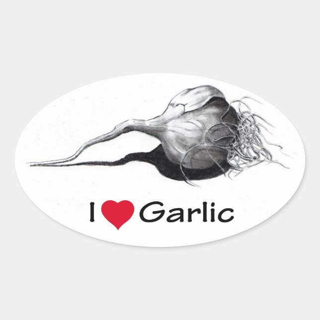 I Love (Heart) Garlic: Pencil Drawing, Realism Oval Sticker (Front)
