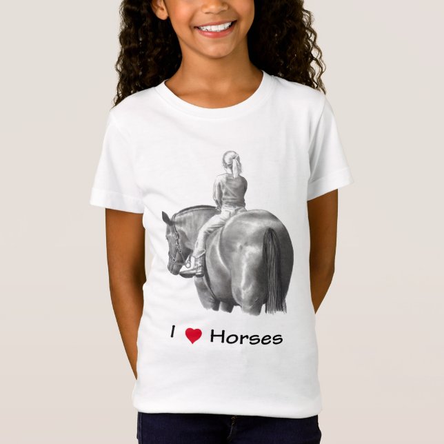 I Love (Heart) Horses: Girl on Horse: Pencil T-Shirt (Front)