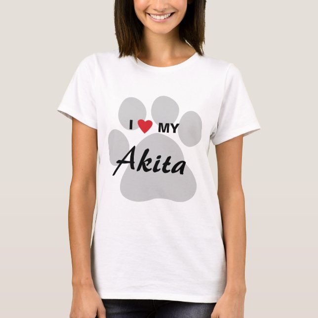 I Love (Heart) My Akita Paw Print T-Shirt (Front)