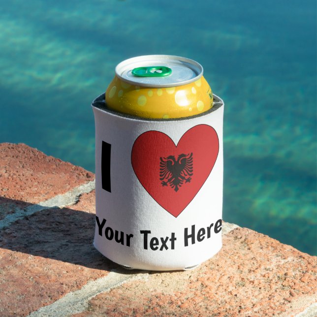 I LOVE (Heart Shaped Albanian Flag) Personalised  Can Cooler (In Situ Pool)