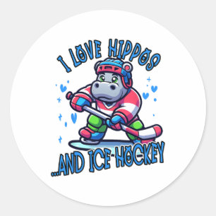 I Love Hippos And Ice Hockey Funny Ice Hockey Play Classic Round Sticker