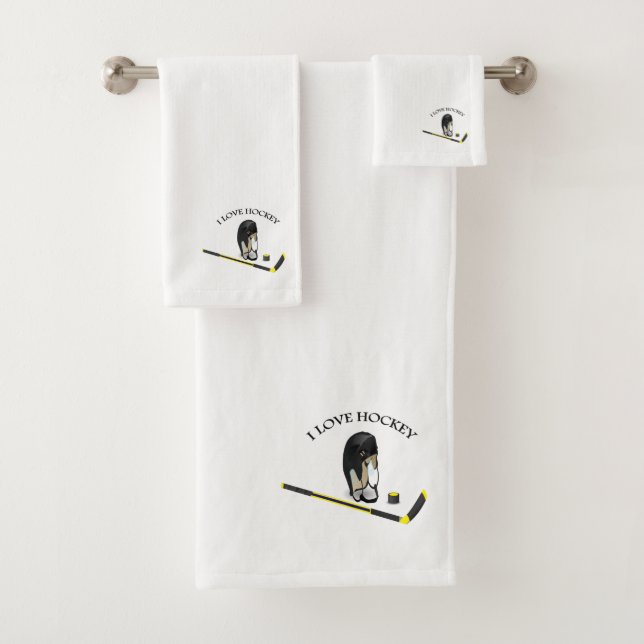 I Love hockey custom design with stick and helmet Bath Towel Set (Insitu)