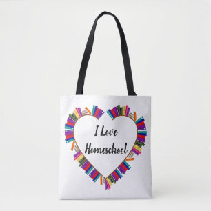 I love homeschool, homeschool kids heart bookshelf tote bag