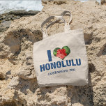 I Love Honolulu Cute Hawaii Hibiscus Flower Tote Bag<br><div class="desc">I love Honolulu tote bag. A cute heart shaped Hawaiian hibiscus flower decorates this custom keepsake gift for your seaside summer vacation to the beach in Hawaii.</div>