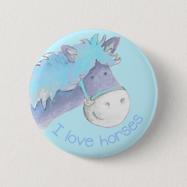 I love horses button/badge blue 6 cm round badge (Front)