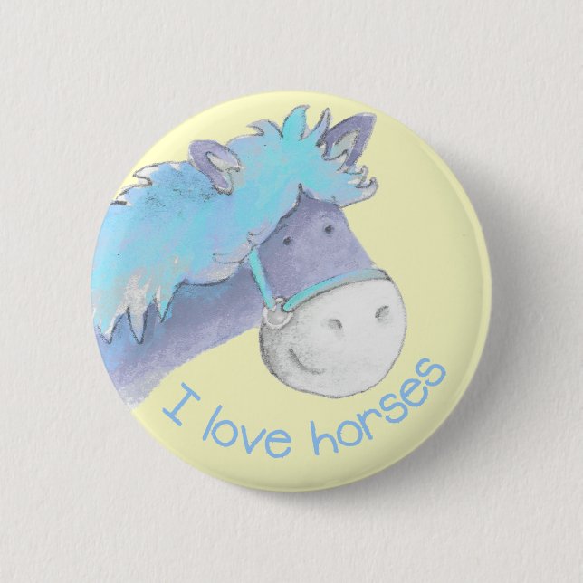 I love horses button/badge blue & yellow 6 cm round badge (Front)