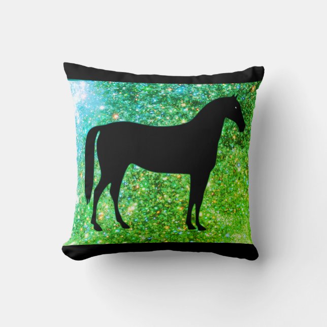 I Love Horses Green Sparkle Throw Pillow (Front)