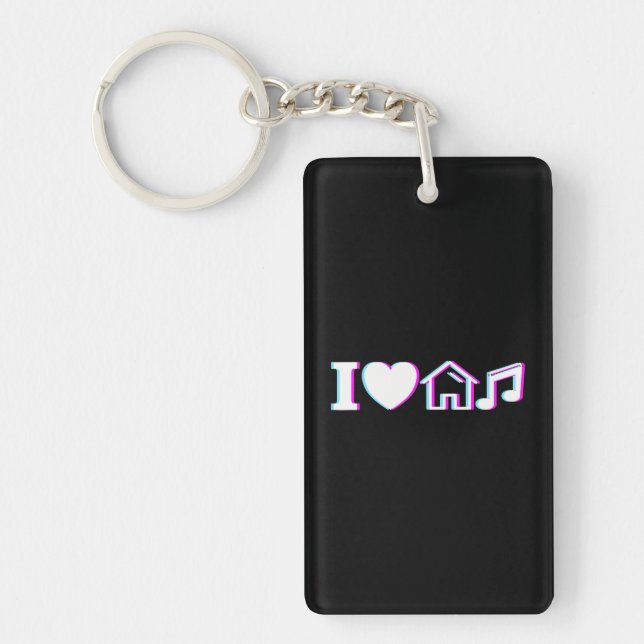 I Love House Music Vaporwave Glitch EDM DJ House Key Ring (Front)