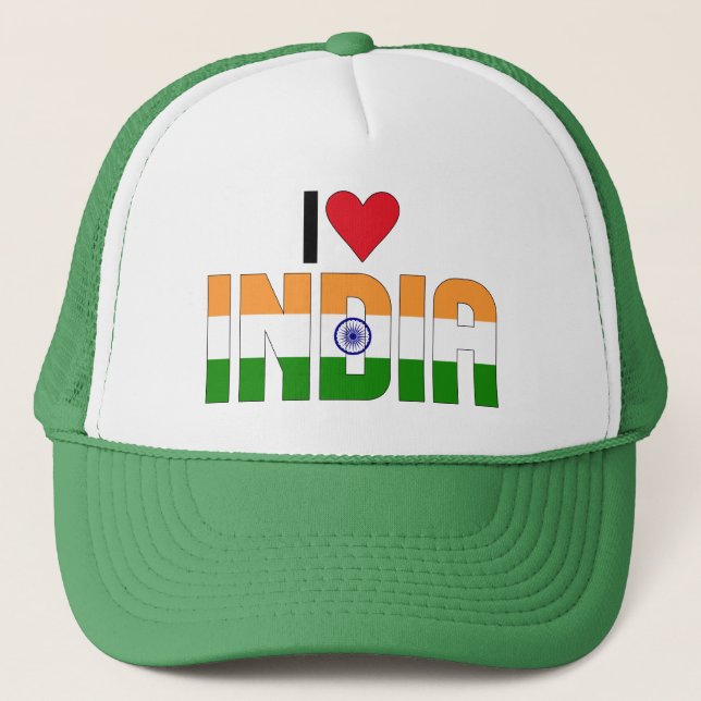 I love India Inscription Flag Saffron Green Trucker Hat (Front)