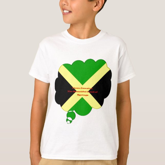 I Love Jamaica Text on Flag Art Print T-Shirt (Front)