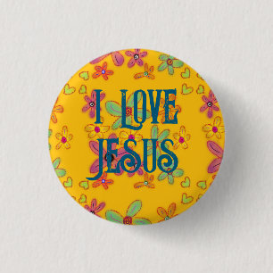 I Love Jesus Christian Girl Flowers Pattern Yellow 3 Cm Round Badge