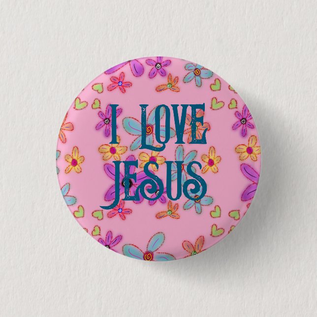 I Love Jesus Christian Girl Pink Floral 3 Cm Round Badge (Front)