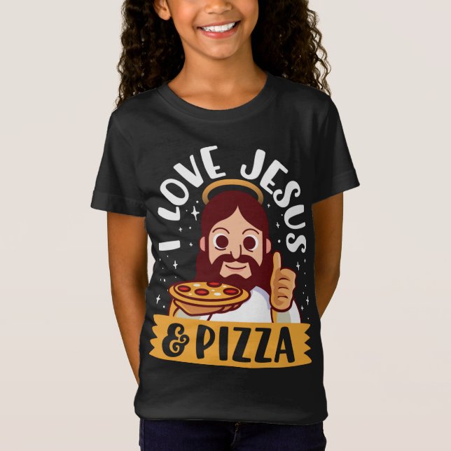 I Love Jesus & Pizza Pepperoni Christian Cartoon B T-Shirt (Front)