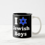 I Love Jewish Boys Two-Tone Coffee Mug<br><div class="desc">The Jews (Hebrew: יְהוּדִים‎‎ ISO 259-3 Yhudim Israeli pronunciation [jehu'dim]), also known as the Jewish people, are a nation and ethnoreligious group originating in the Israelites or Hebrews of the Ancient Near East. The Jewish ethnicity, nationality, and religion are strongly interrelated, as Judaism is the traditional faith of the Jewish...</div>