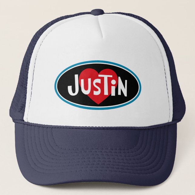 I Love JUSTIN Trucker Hat (Front)