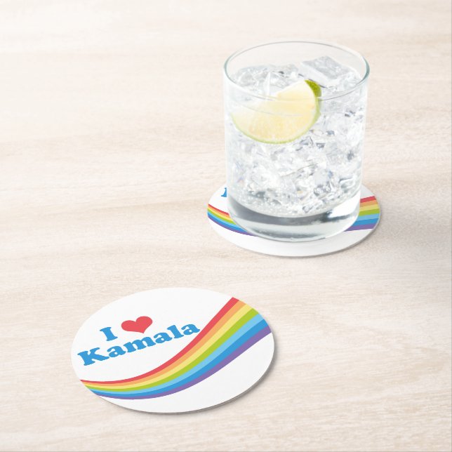 I Love Kamala Cute Election Rainbow Round Paper Coaster (Insitu)
