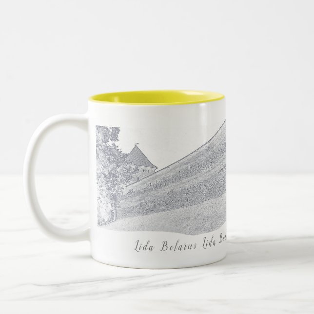 I Love Lida Belarus Architecture Castle Sketch Two-Tone Coffee Mug (Left)