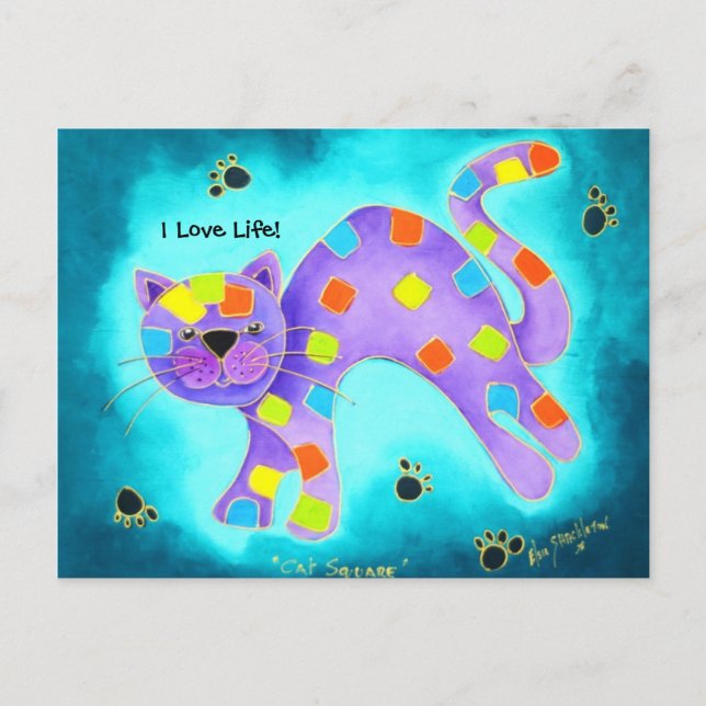 I Love Life!-Gorgeous Aqua Happy Cat Postcard (Front)