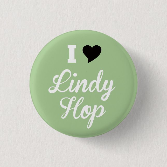 I Love Lindy Hop, White Script Black Heart, Mint 3 Cm Round Badge (Front)