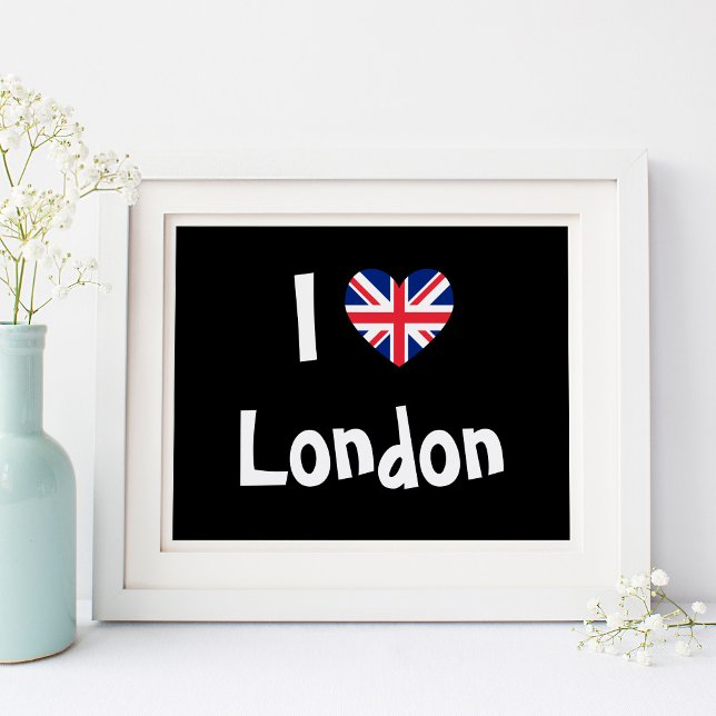 I Love London Poster (Black and White I Love London with Union Jack Heart Shape)