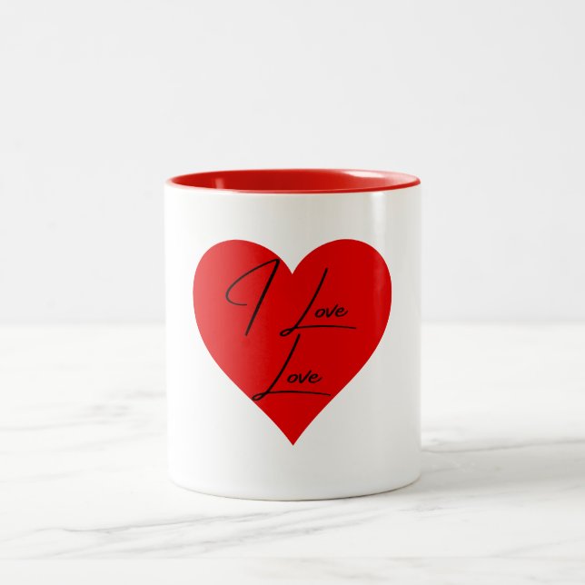 I Love Love Red and White Heart Two-Tone Coffee Mug (Center)