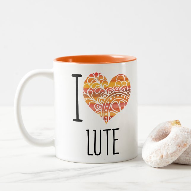 I Love Lute Orange Mandala Heart Two-Tone Coffee Mug (With Donut)