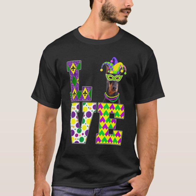 I Love Mardi Gras Doberman Dog  Mask Festival T-Shirt (Front)