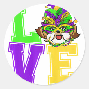 I Love Mardi Gras   Funny Shih Tzu Dog Party Gift Classic Round Sticker