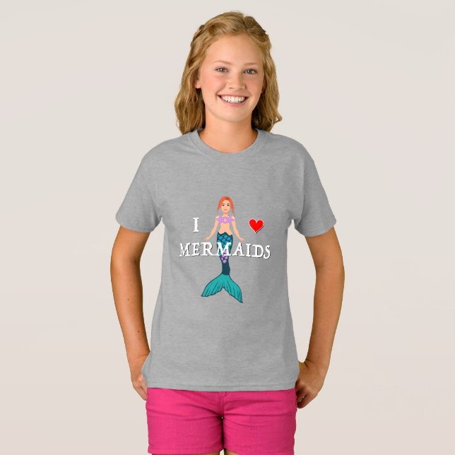 I Love Mermaids Design - Girls' Basic T-Shirt (Front Full)