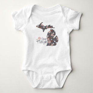 I Love Michigan Playful Floral Pink Brown Black Baby Bodysuit