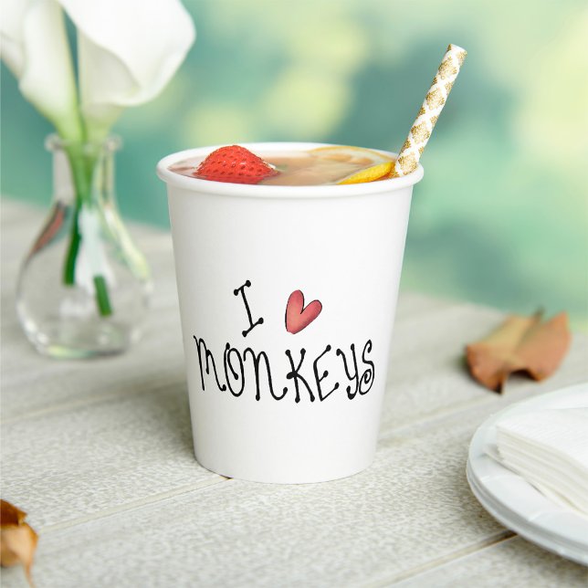 I Love Monkeys Cute Handwritten Typography Paper Cups (Creator Uploaded)