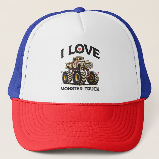 I Love Monster Truck Trucker Hat (Front)