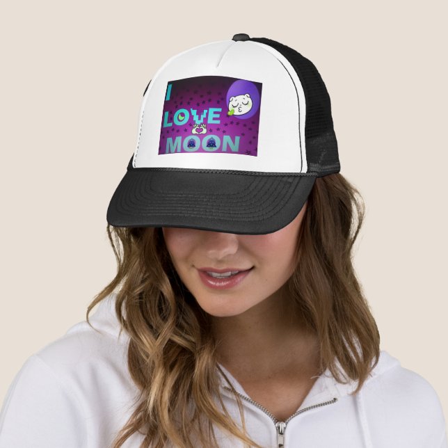 "I Love Moon" – A Whimsical Celestial Art Design Trucker Hat (In Situ)