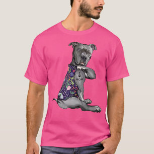 I Love Mum Funny Pitbull Dog Tattoo Flower Mother' T-Shirt